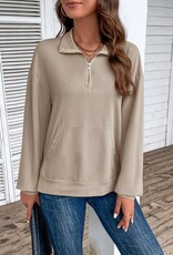 - Beige Half-Zip Up Long Sleeve Sweatshirt Top w/Kangaroo Pocket