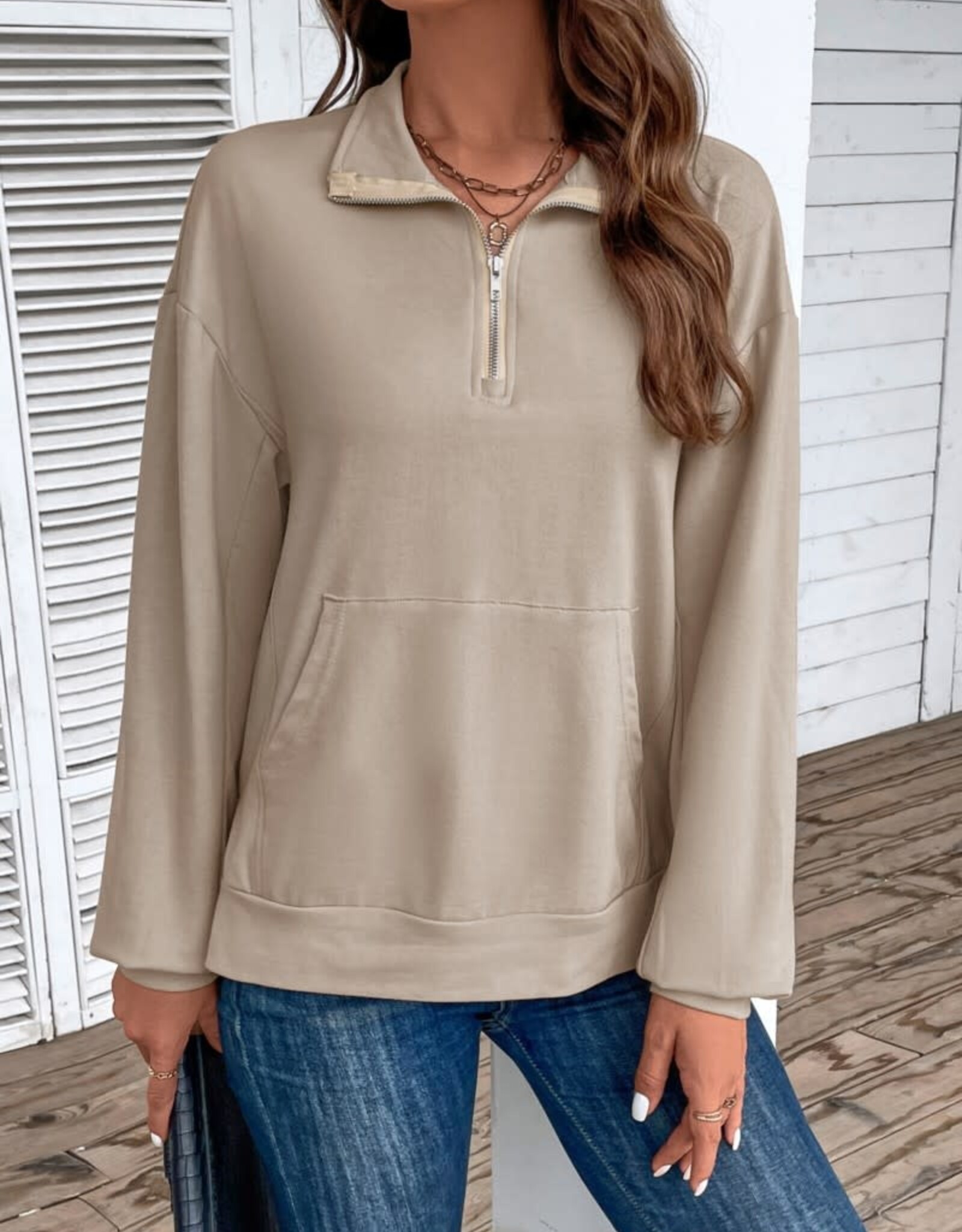 - Beige Half-Zip Up Long Sleeve Sweatshirt Top w/Kangaroo Pocket