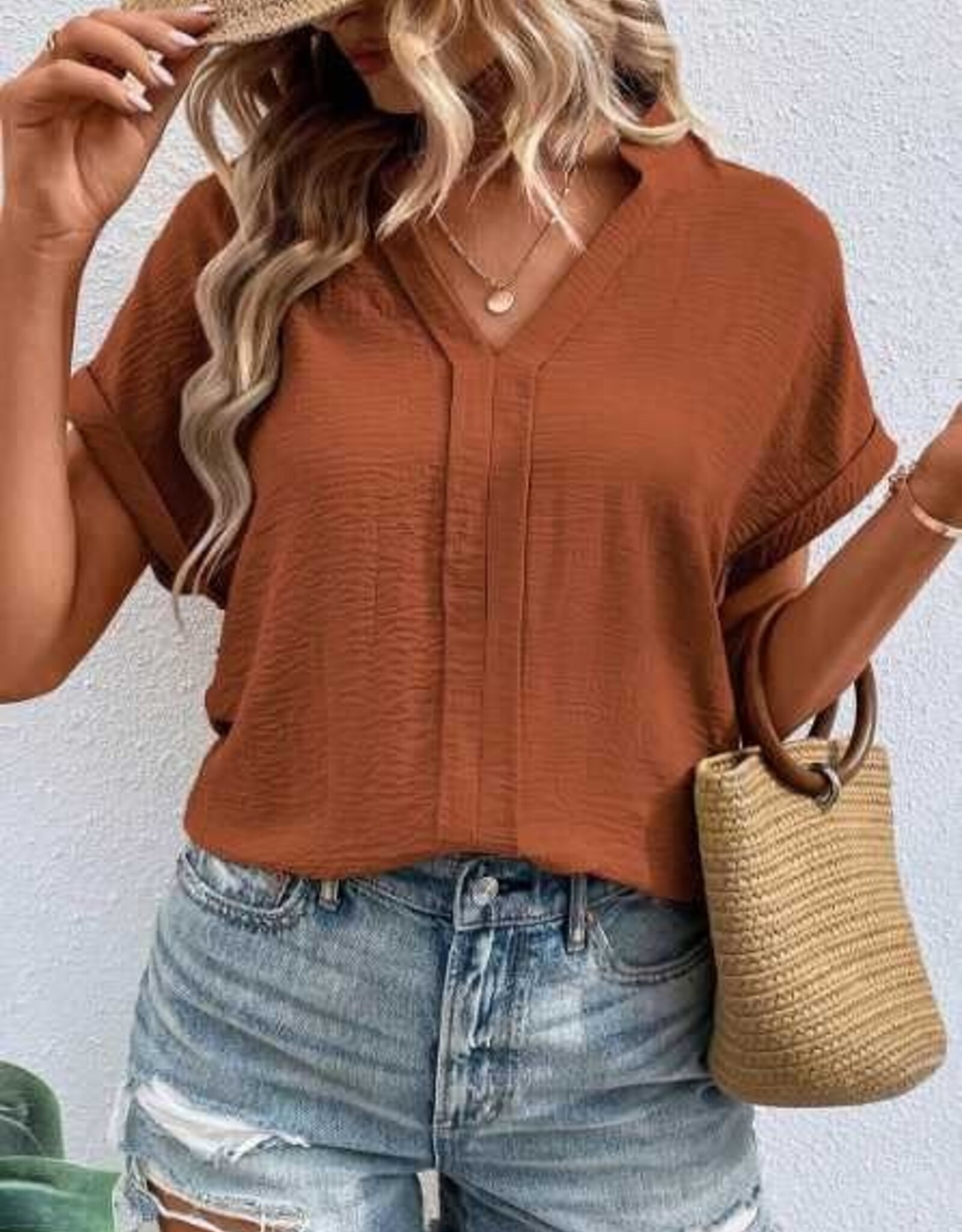 - Rust Textured Notched Neck Short Sleeve Top w/Front Detail