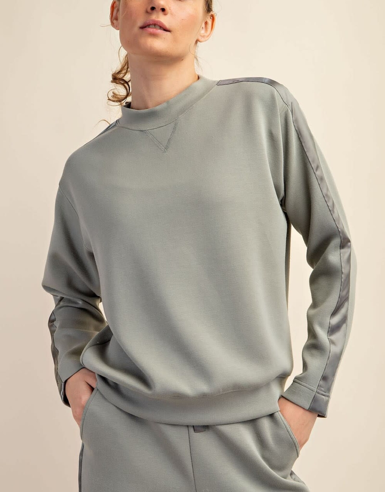 - Sage Leaf Crewneck Long Sleeve Top w/Satin Side Detail