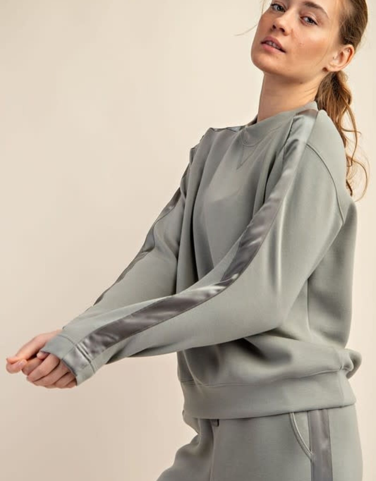 - Sage Leaf Crewneck Long Sleeve Top w/Satin Side Detail