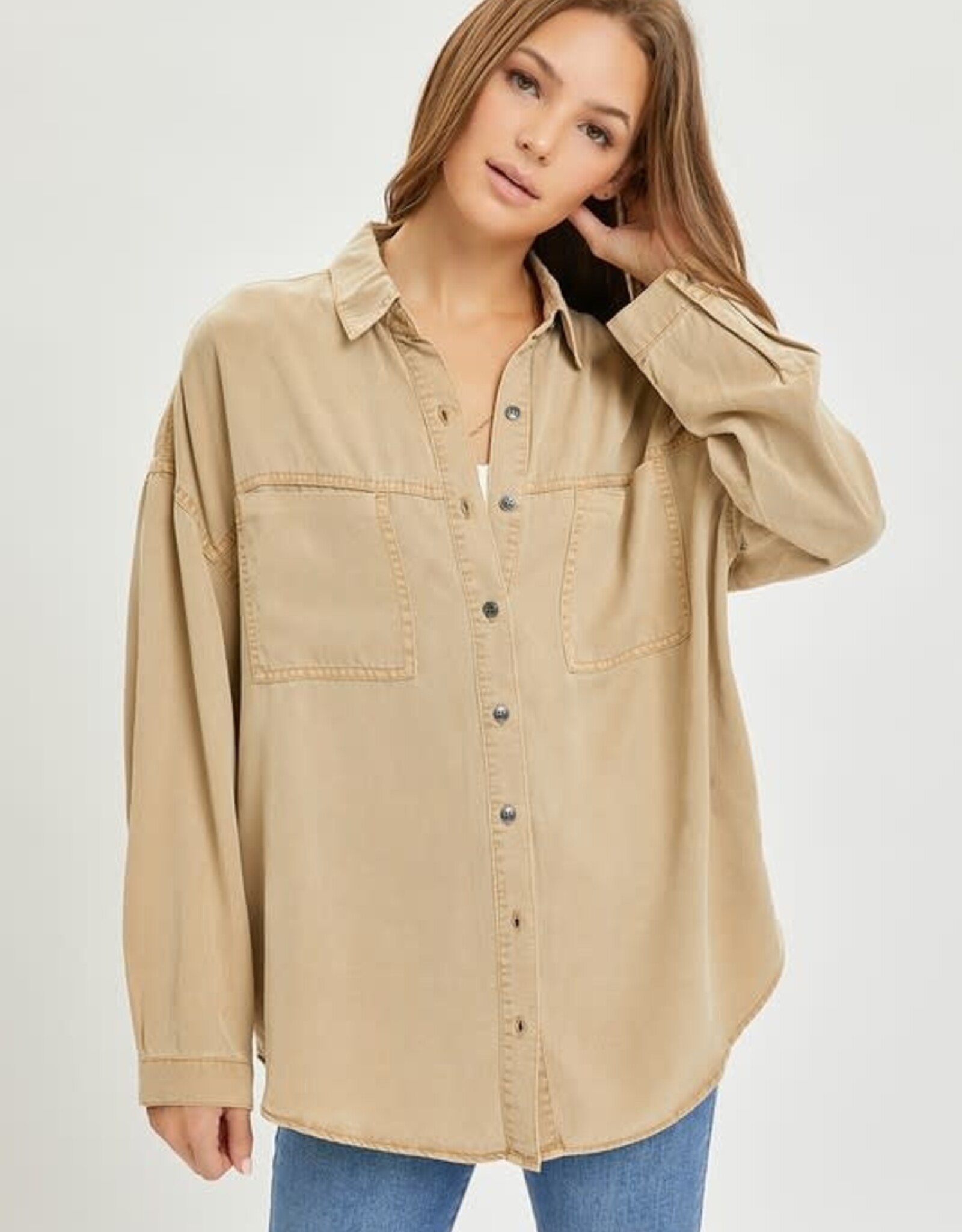 - Latte Collared Button Up 2 Chest Pockets Long Sleeve Top