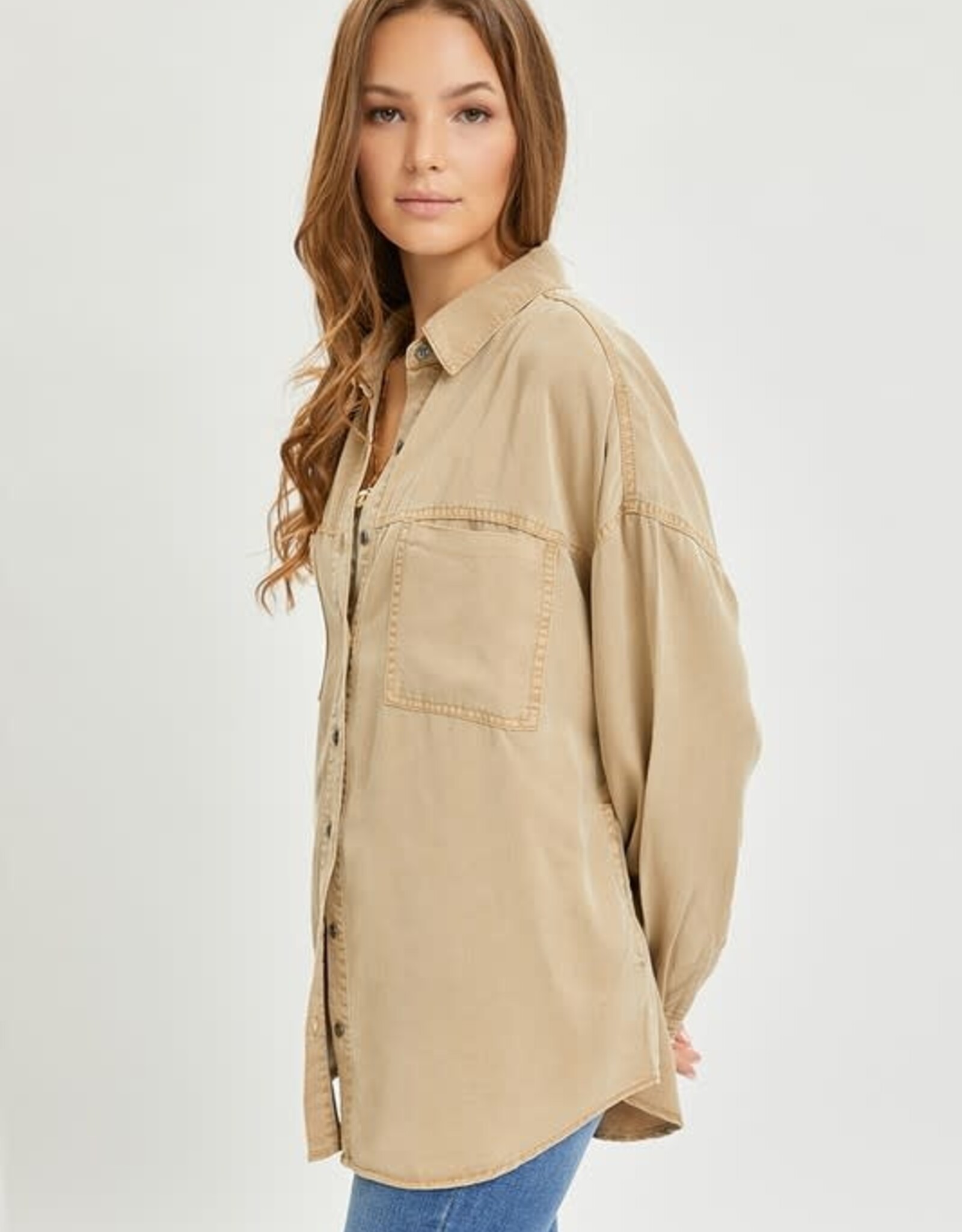 - Latte Collared Button Up 2 Chest Pockets Long Sleeve Top