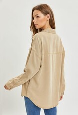 - Latte Collared Button Up 2 Chest Pockets Long Sleeve Top