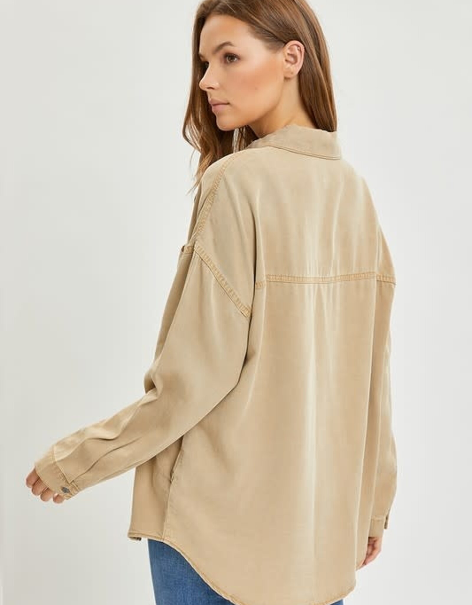 - Latte Collared Button Up 2 Chest Pockets Long Sleeve Top