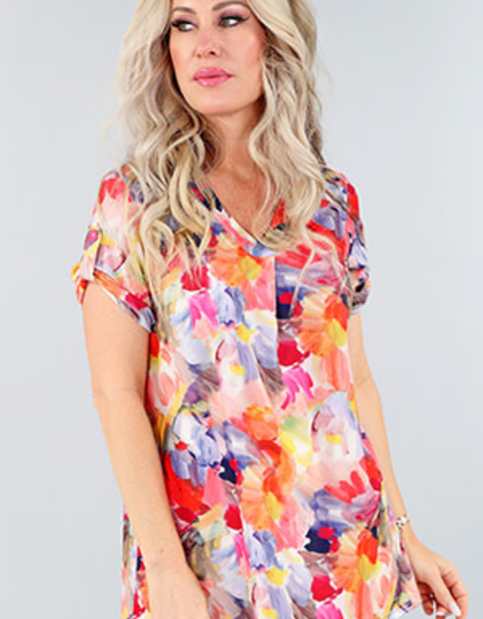 Michael Tyler Michael Tyler Multi Abstract Floral V-Neck Short Sleeve Top LS
