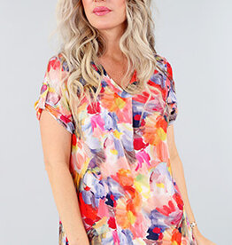 Michael Tyler Michael Tyler Multi Abstract Floral V-Neck Short Sleeve Top LS