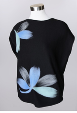 Keren Hart Keren Hart Black Petal Design Crew Neck Cap Sleeve Sweater Top LS