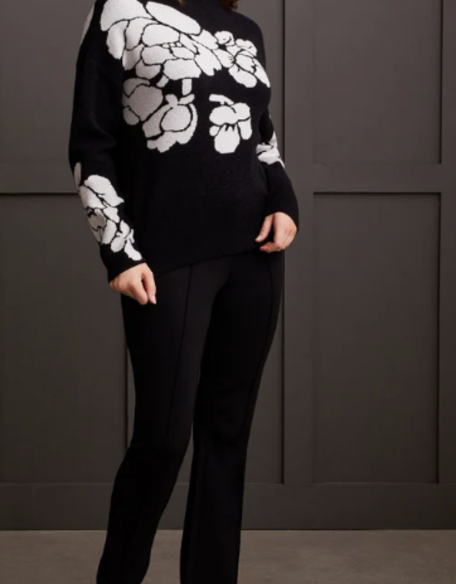 Tribal Tribal Black  Ivory Floral Print Funnel Neck Long Sleeve Sweater CO