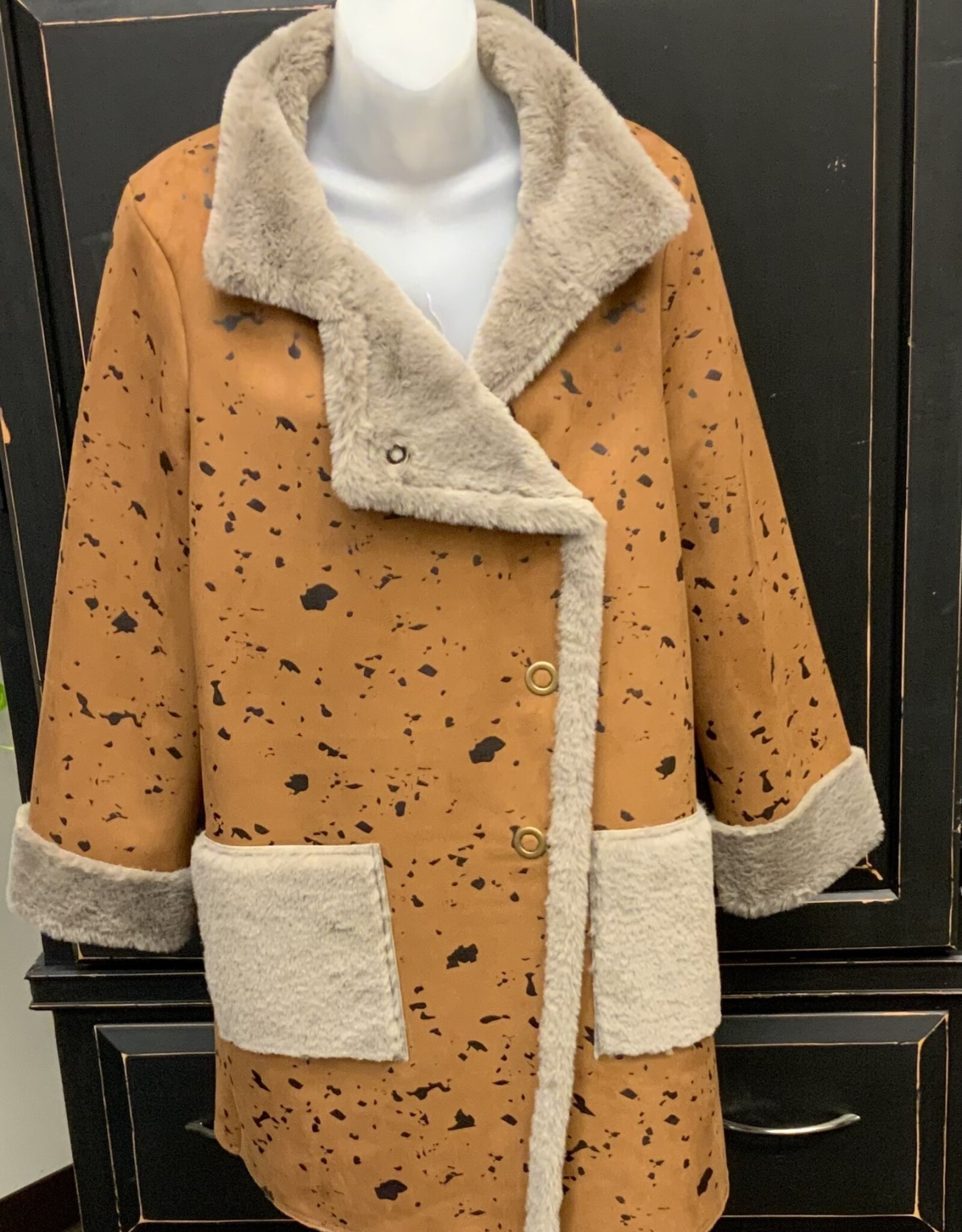 Sunday Lemon Grass Light Brown Faux Suede/Fur Detail Snap Closure  Coat