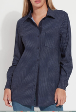 Lysse Lysse Navy/White Pinstripe  Collar Button Up Long Sleeve Blouse HH