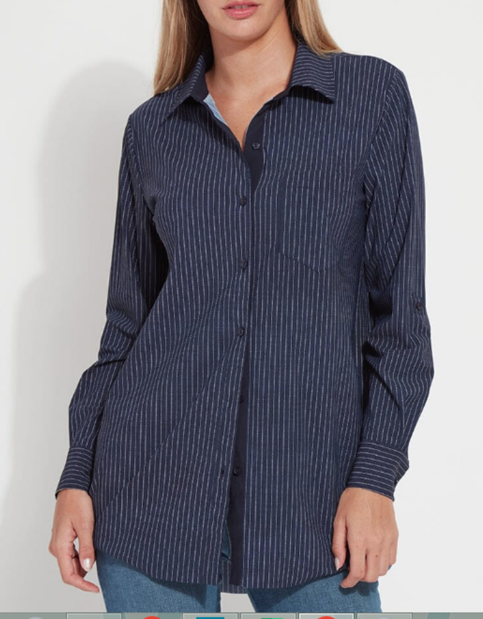 Lysse Lysse Navy/White Pinstripe  Collar Button Up Long Sleeve Blouse HH