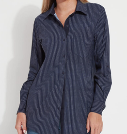 Lysse Lysse Navy/White Pinstripe  Collar Button Up Long Sleeve Blouse HH