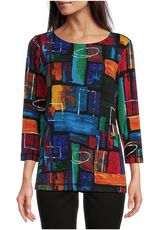 ali miles ali miles Multi Colored Geo Metric Print Round Neck  3/4 Sleeve Top AC