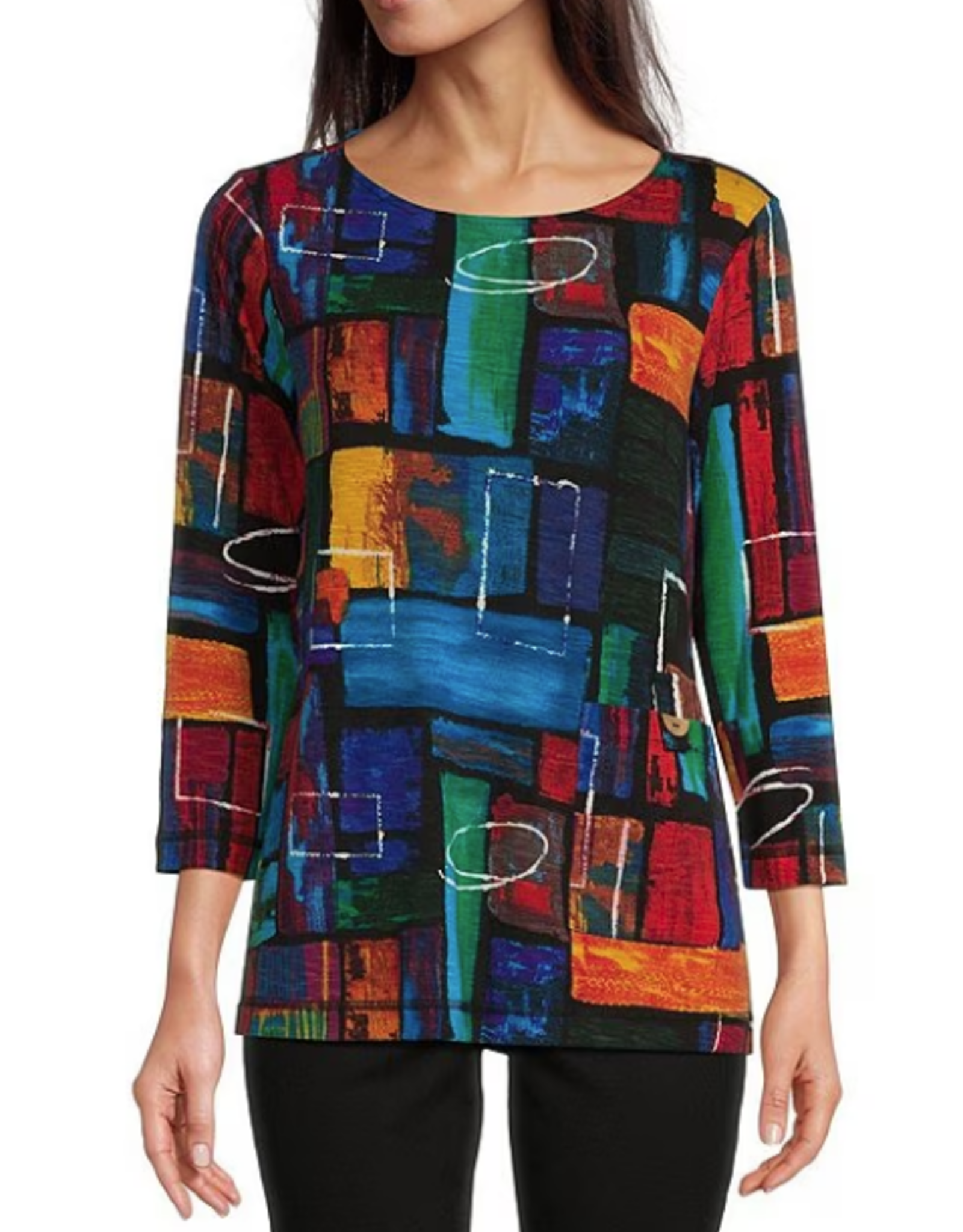 ali miles ali miles Multi Colored Geo Metric Print Round Neck  3/4 Sleeve Top AC