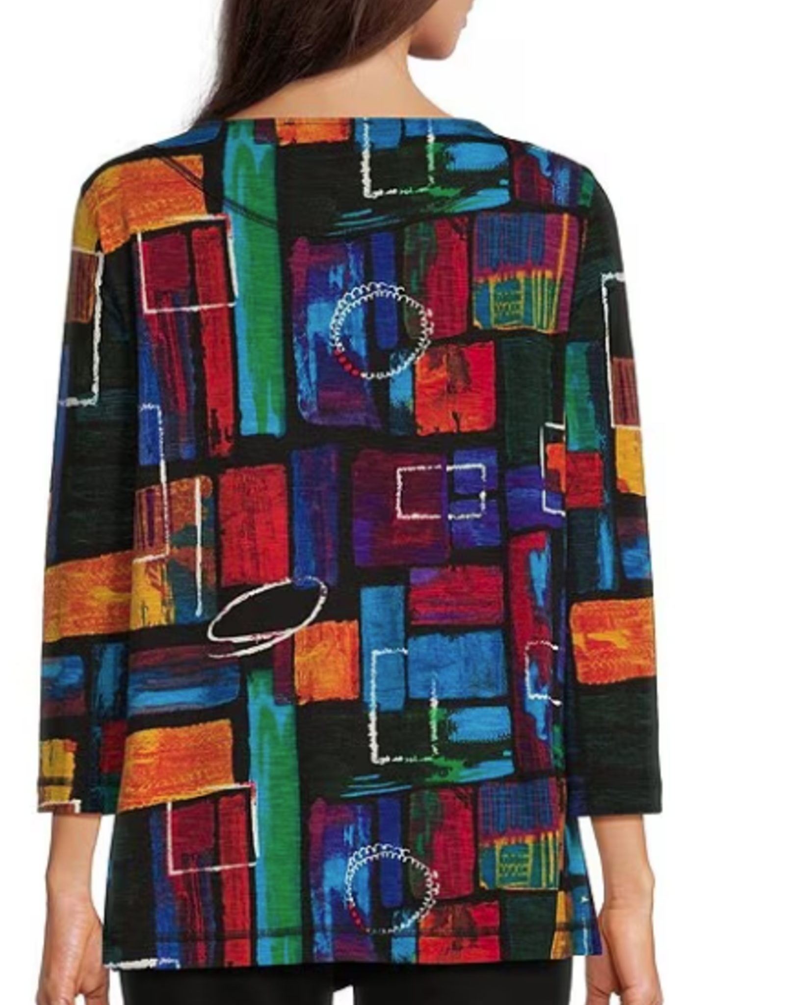 ali miles ali miles Multi Colored Geo Metric Print Round Neck  3/4 Sleeve Top AC