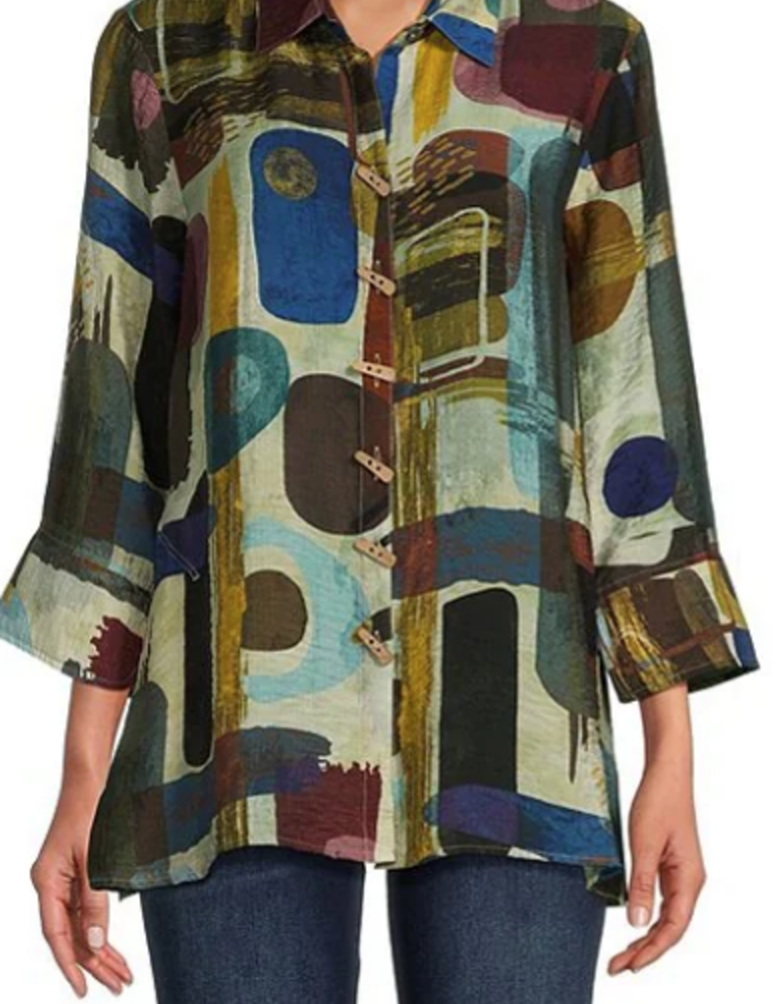 ali miles ali miles Multi Color Printed Collared 3/4 Sleeve Button Down Top AO