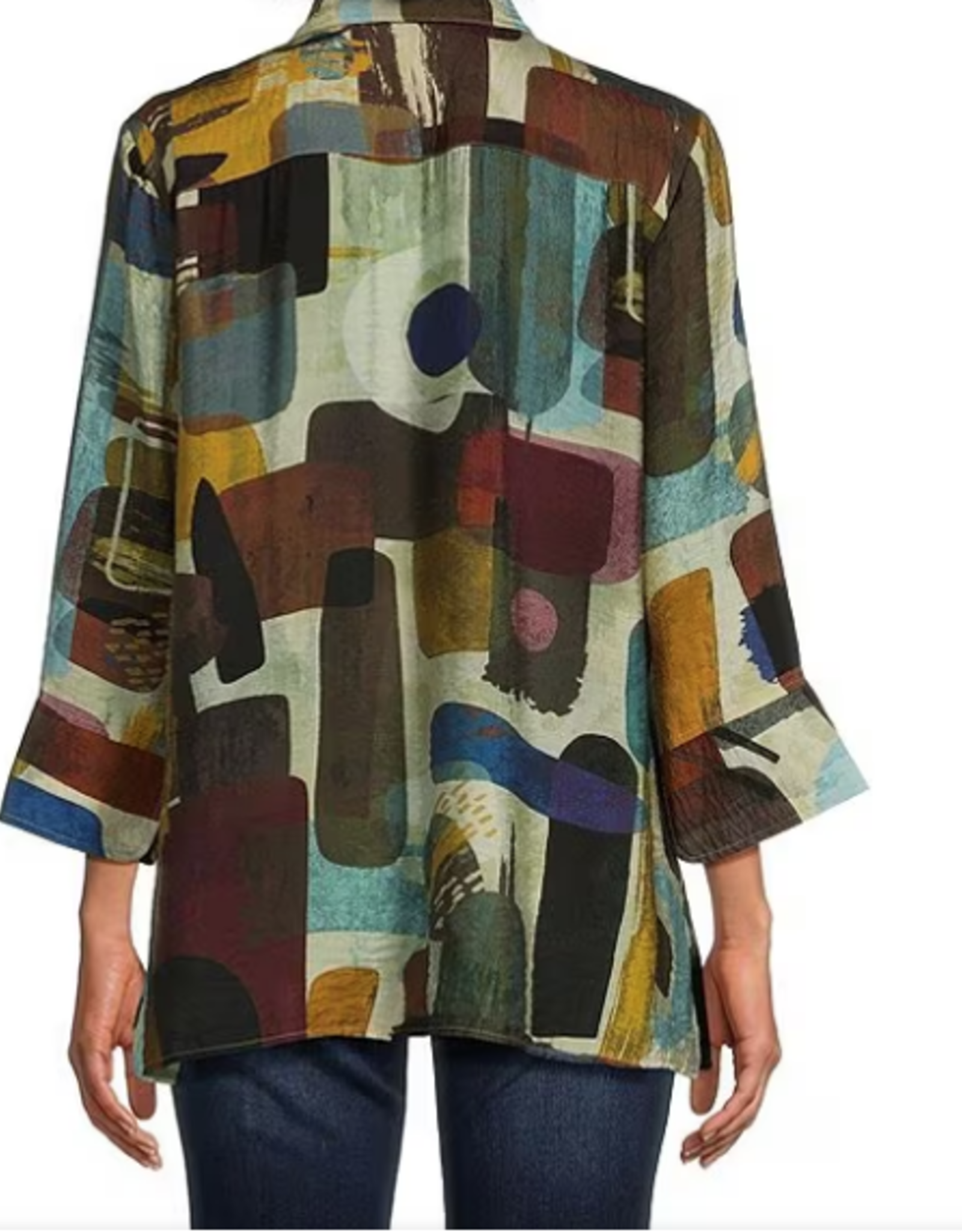 ali miles ali miles Multi Color Printed Collared 3/4 Sleeve Button Down Top AO