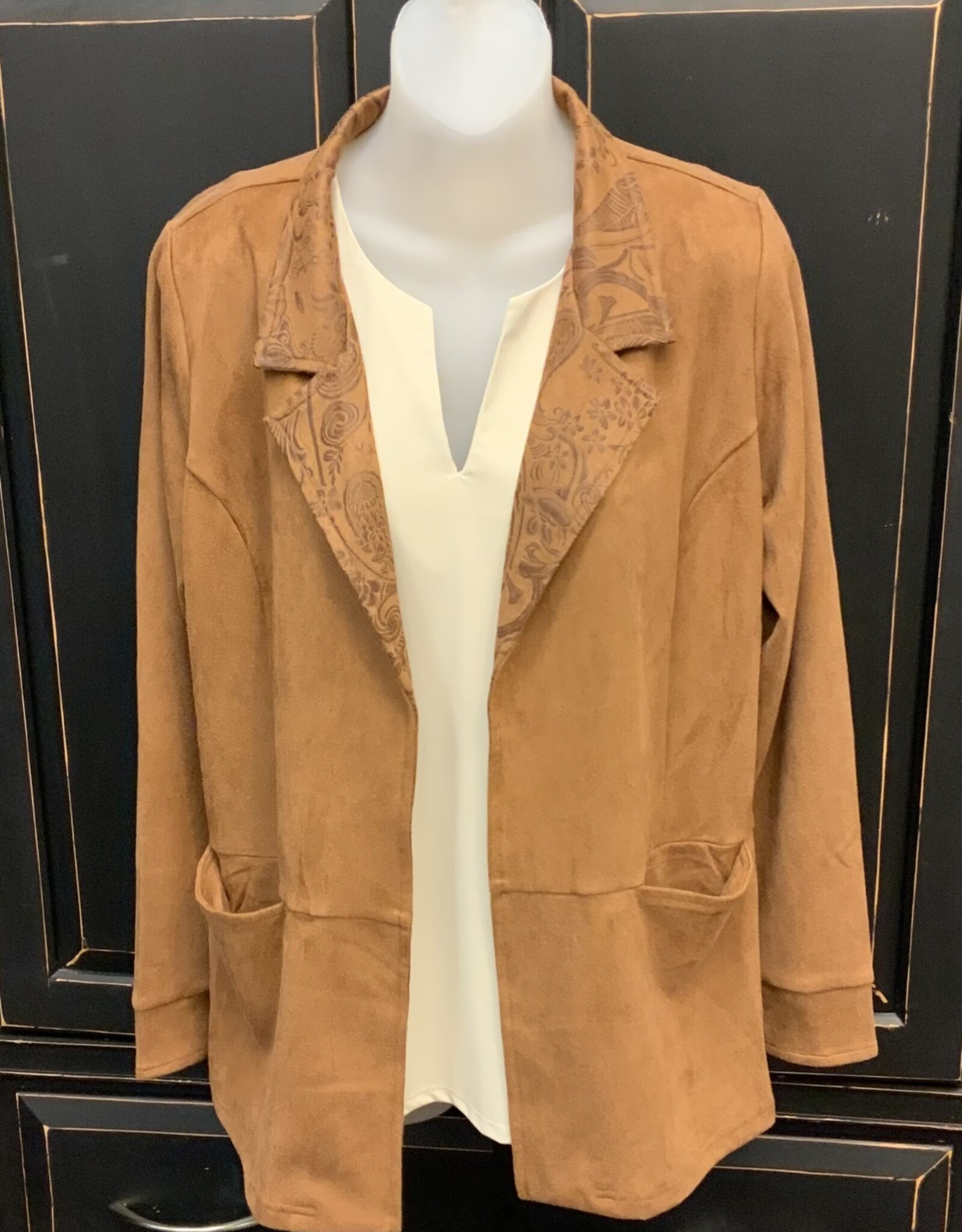 Ethyl Ethyl Carmel Faux Suede Open Front  Long Sleeve Blazer LB