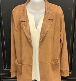 Ethyl Ethyl Carmel Faux Suede Open Front  Long Sleeve Blazer LB