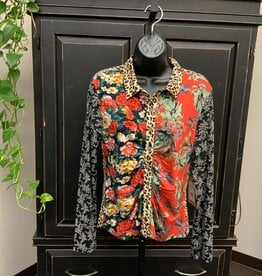 Tru Luxe Tru Luxe Red/Black  Floral Print Button Up Long Sleeve Top CE