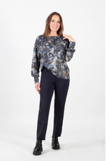 Pure Essence Pure Essence Blue Multi Print  Round Neck Dolman Long  Sleeve LS