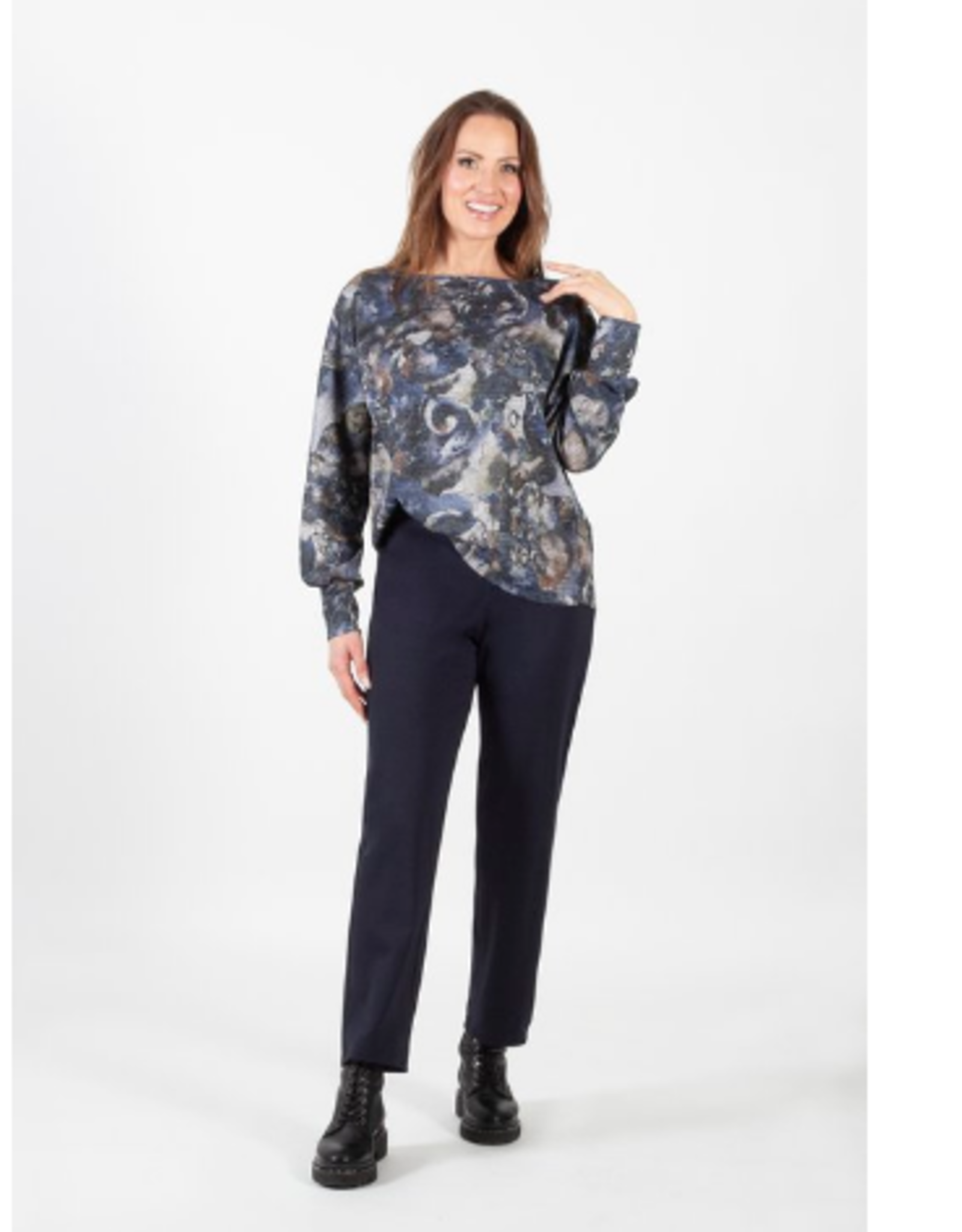 Pure Essence Pure Essence Blue Multi Print  Round Neck Dolman Long  Sleeve LS