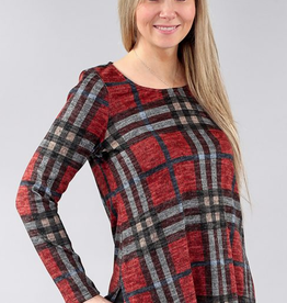 Michael Tyler Michael Tyler Red-Multi Plaid Round Neck Long Sleeve Top LA