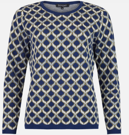 Sunday Sunday Navy Multi Print Pullover  Round Neck Long Sleeve Sweater AS