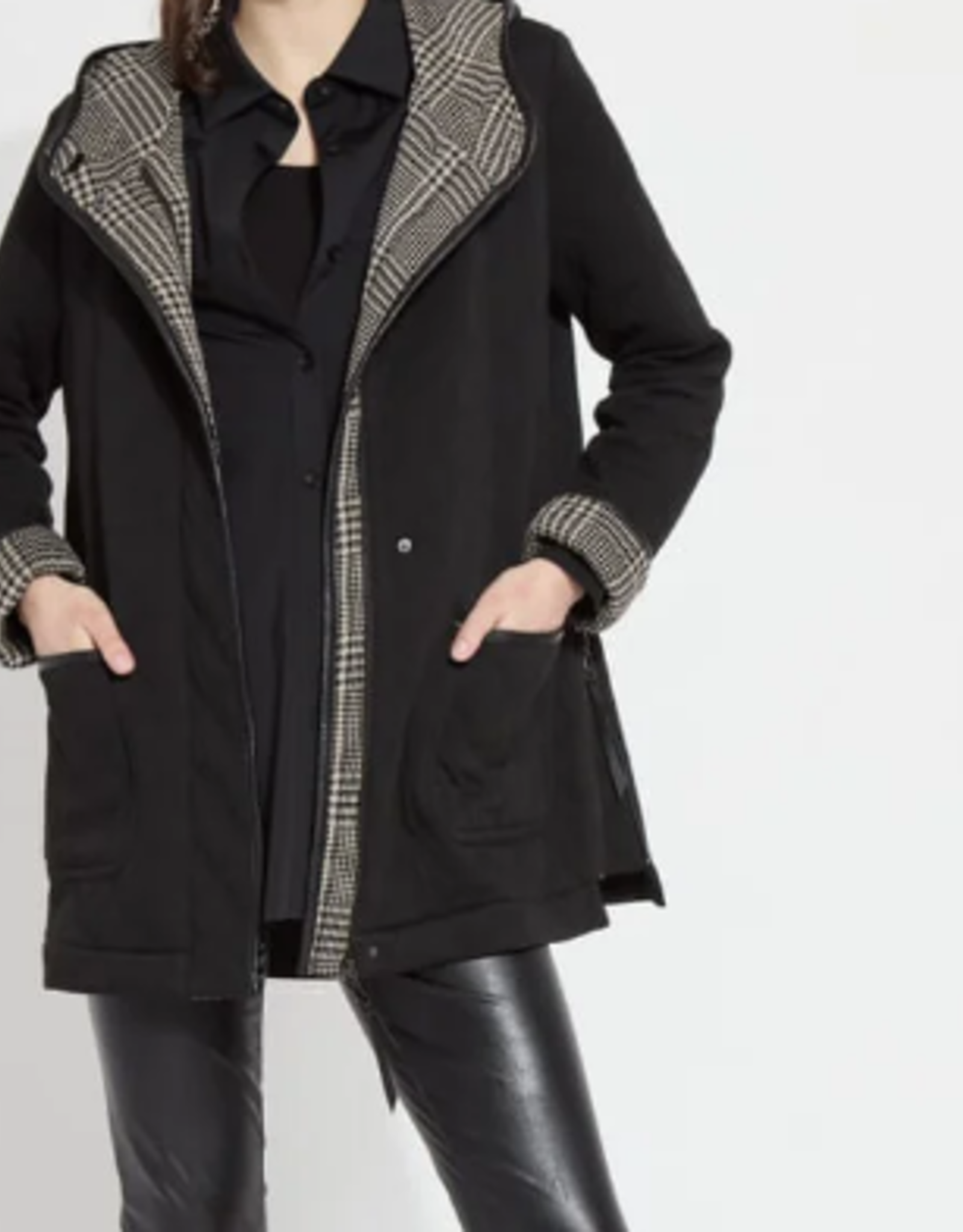 Lysse Lysse Black Quilted Zip/Snap Up Faux Leather Trim  Long Sleeve Hooded Jacket SR