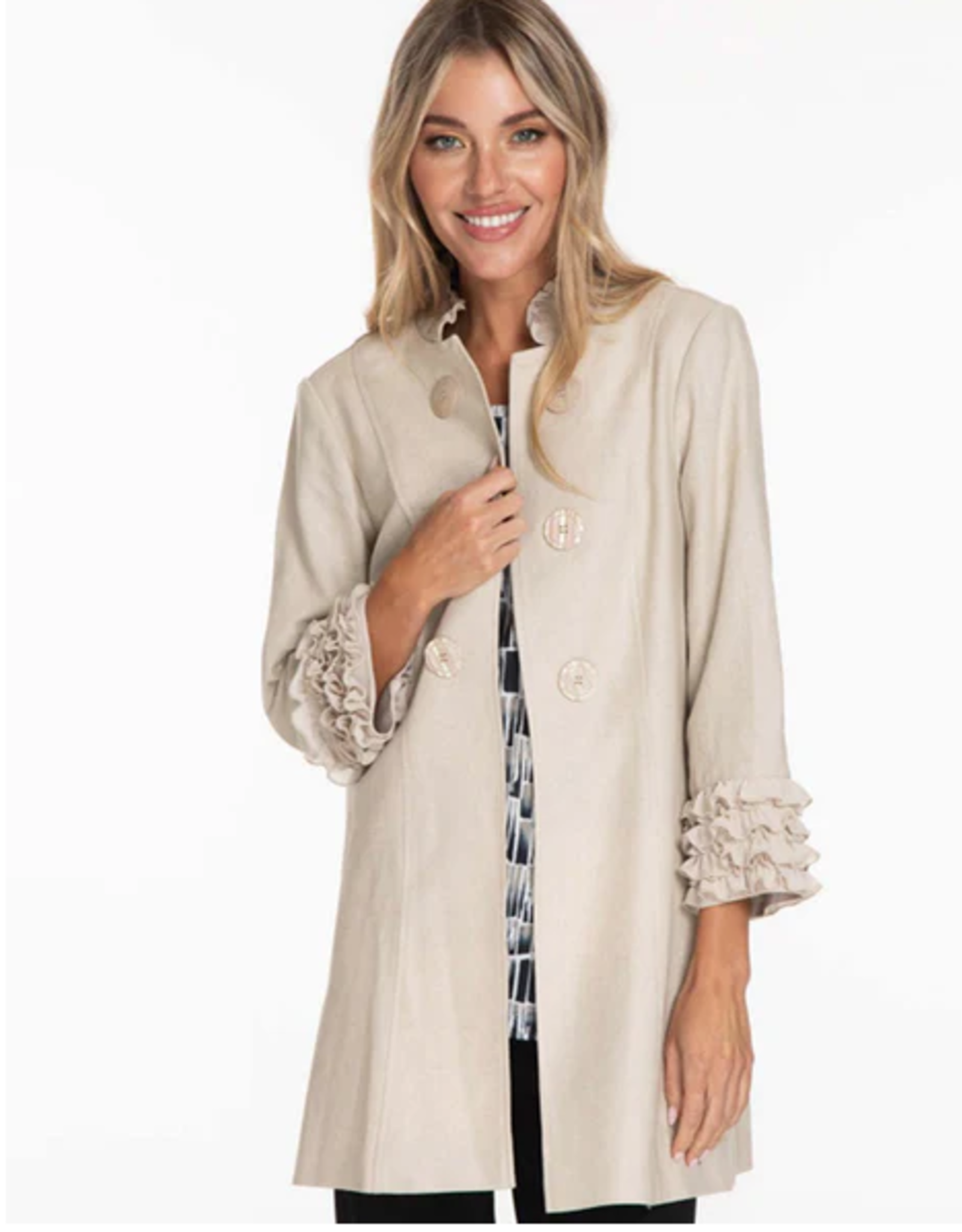 Multiples Multiples Natural Linen Ruffle Trim Button 3/4 Sleeve Jacket  CC