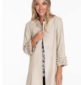 Multiples Multiples Natural Linen Ruffle Trim Button 3/4 Sleeve Jacket  CC