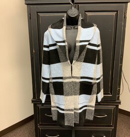 Picadilly Picadilly Black/Blue Plaid Open Front Long Sleeve Cardigan KC