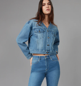 Lola Jeans Lola Jeans Aurora Med Wash V-Neck Button-Up Cropped Denim Jacket KH