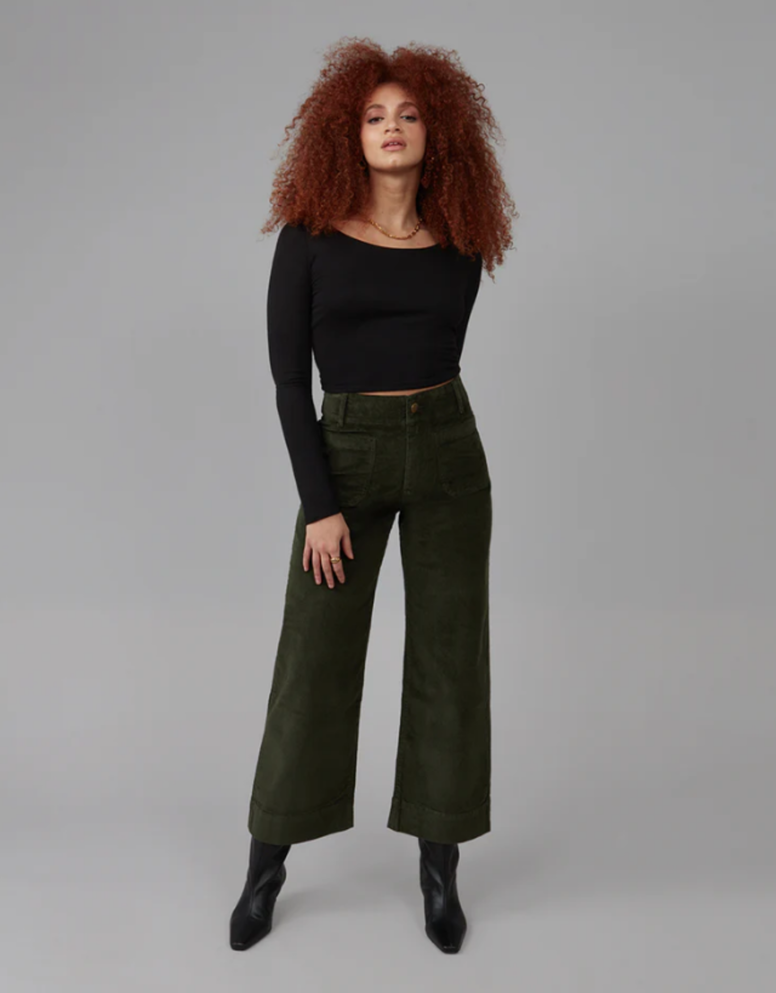 Lola Jeans Lola Jeans Colette Dark Olive Corduroy High Rise Wide Leg CR