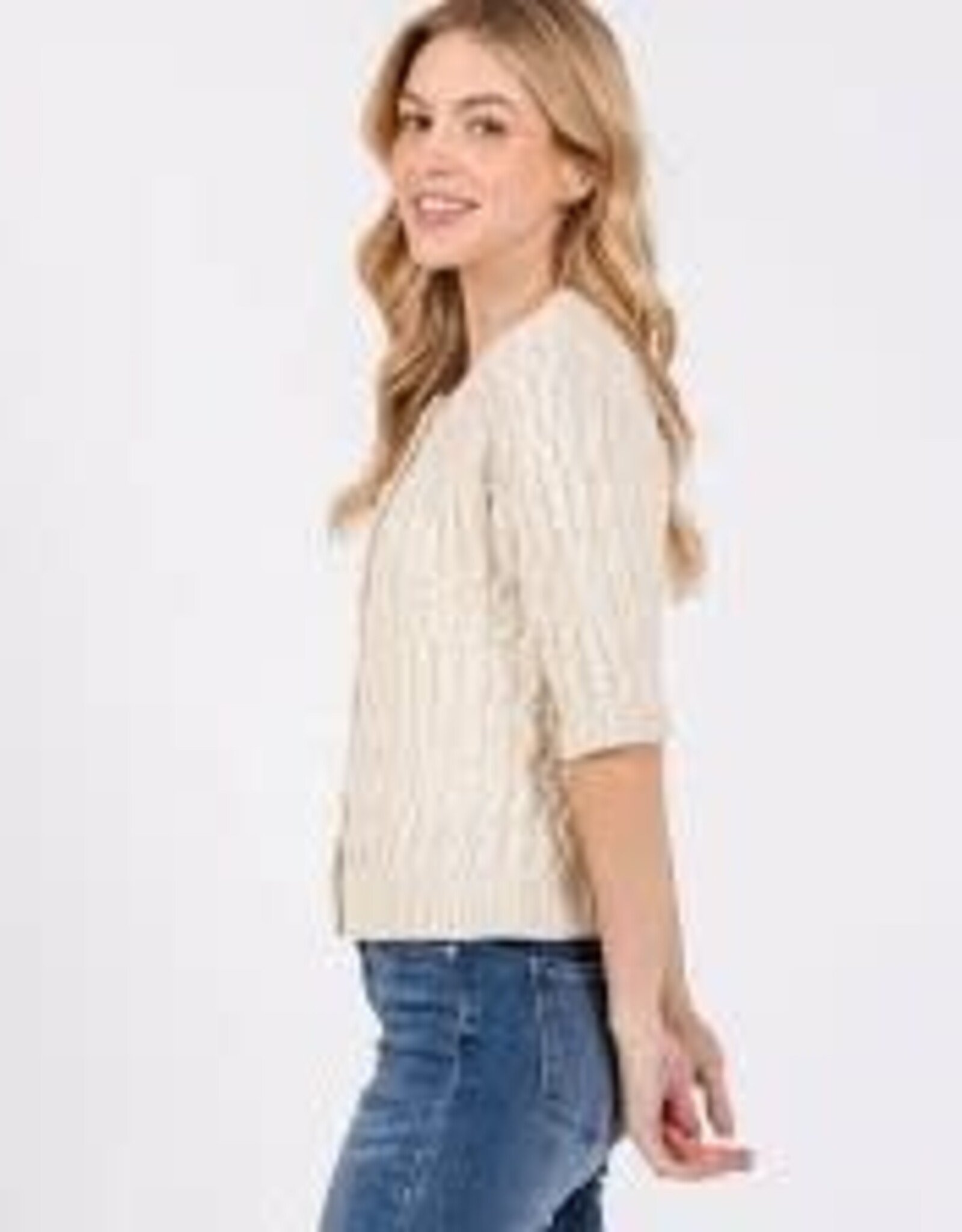 Final Touch Final Touch Ivory Cropped Button-Up Round Neck Short Sleeve Sweater LE