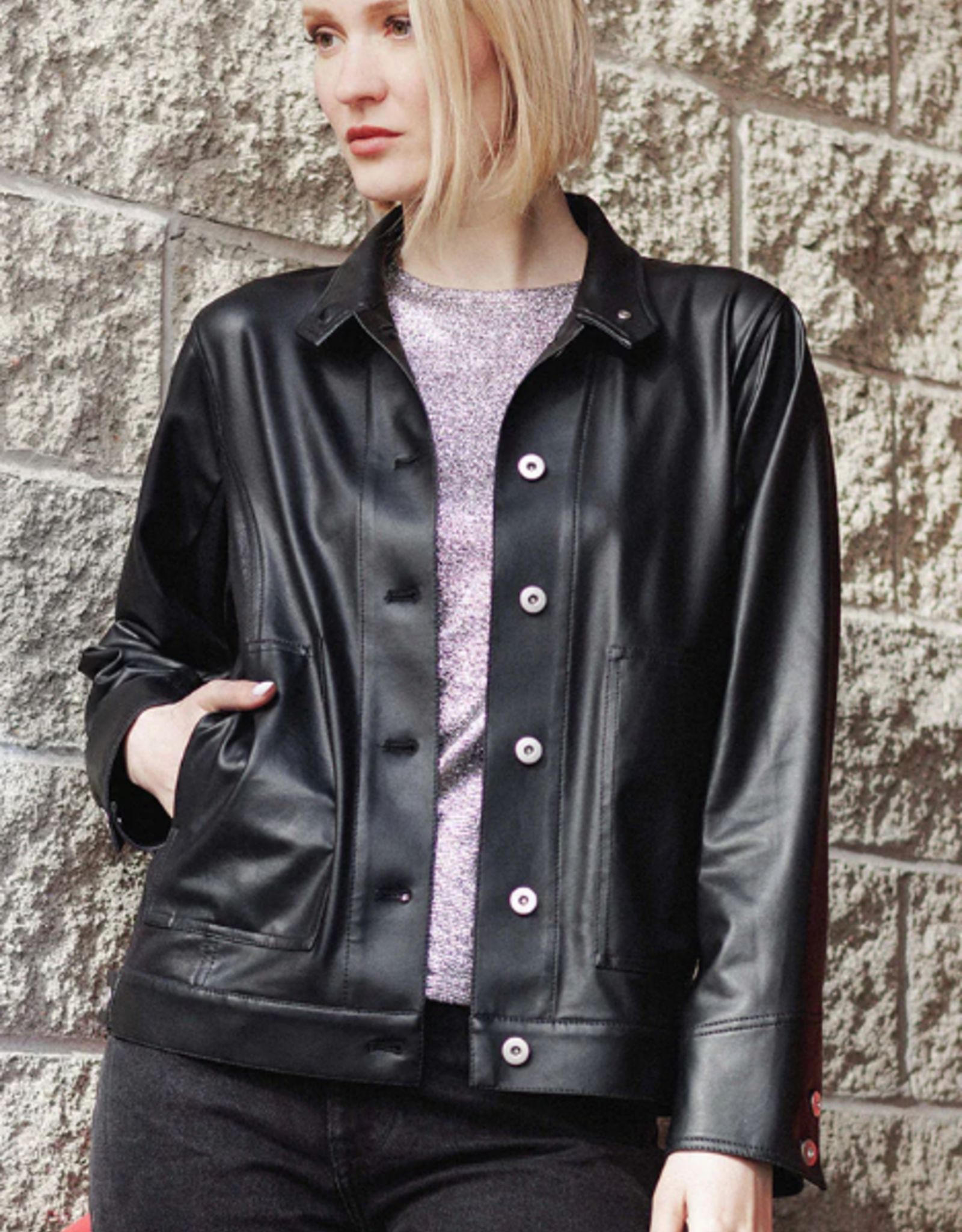 Clara Sun Woo Clara Sun Woo Black  Liquid Leather Sheen Button Closure Pocket Jacket  BES