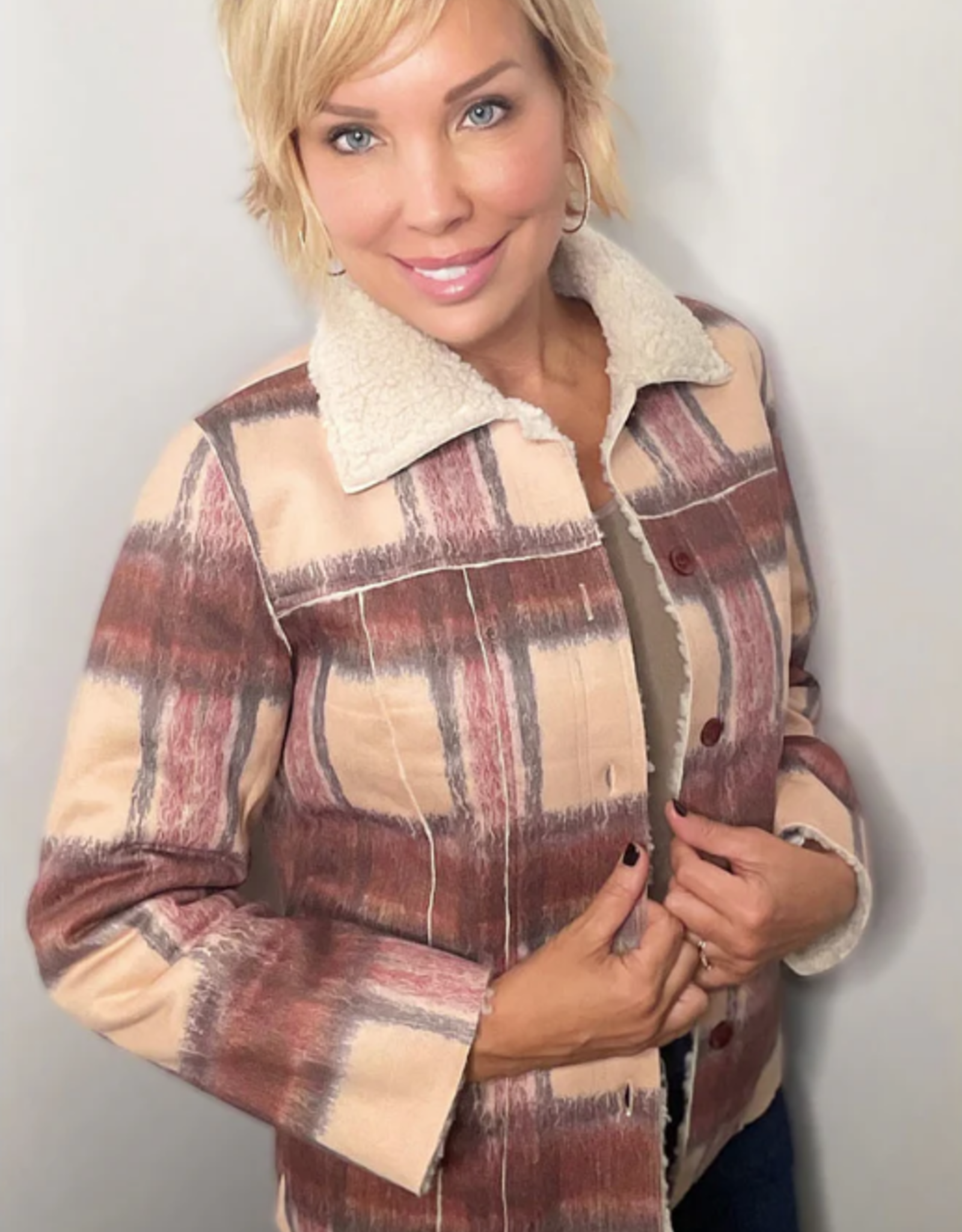 Ethyl SALE - was $112  Ethyl Multi Collar Plaid  Faux Suede Sherpa Lined Button Up Jacket  CK