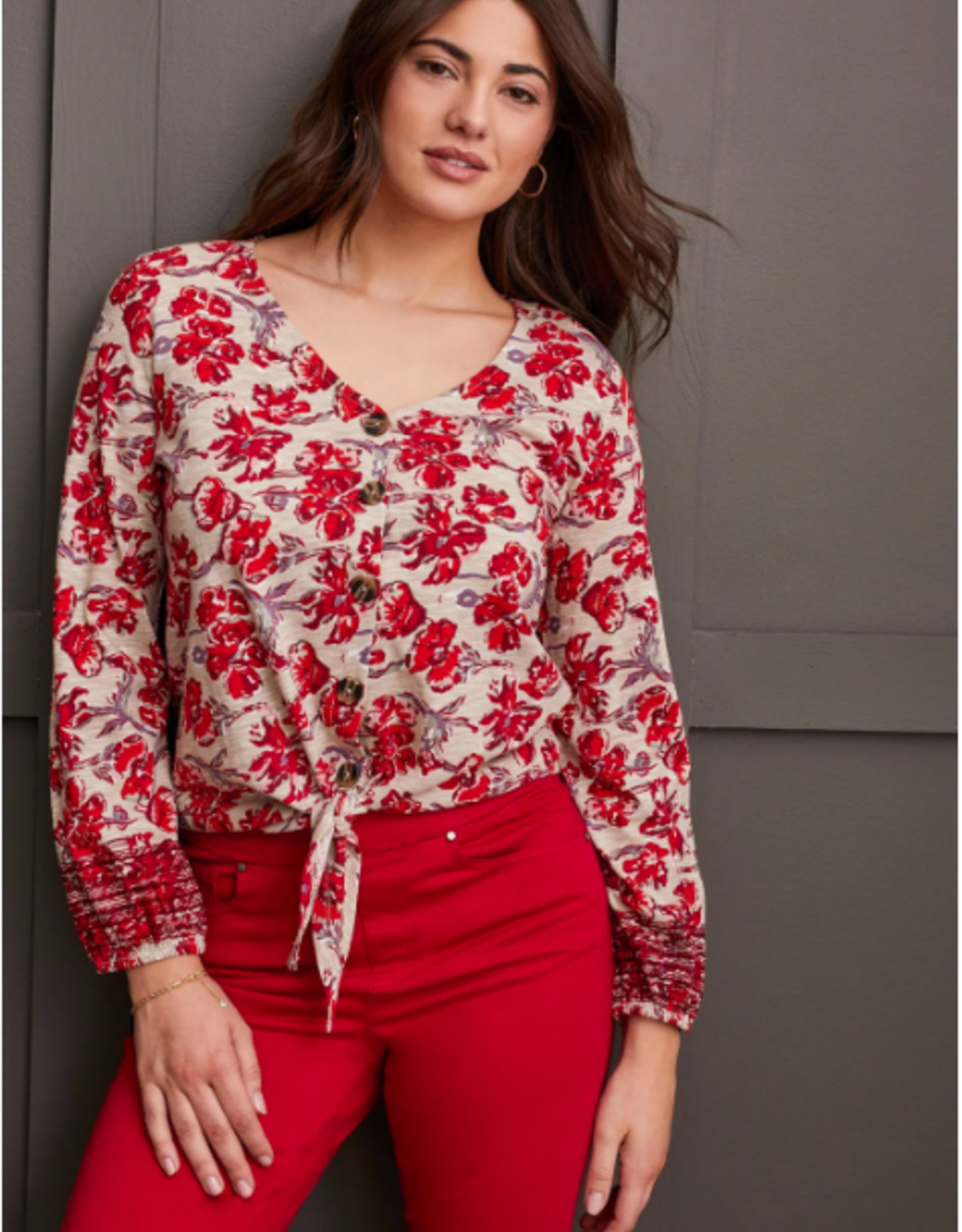 Tribal Tribal Scarlet Floral  V-Neck Button Up L/S  Top AL