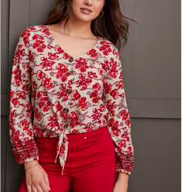 Tribal Tribal Scarlet Floral  V-Neck Button Up L/S  Top AL