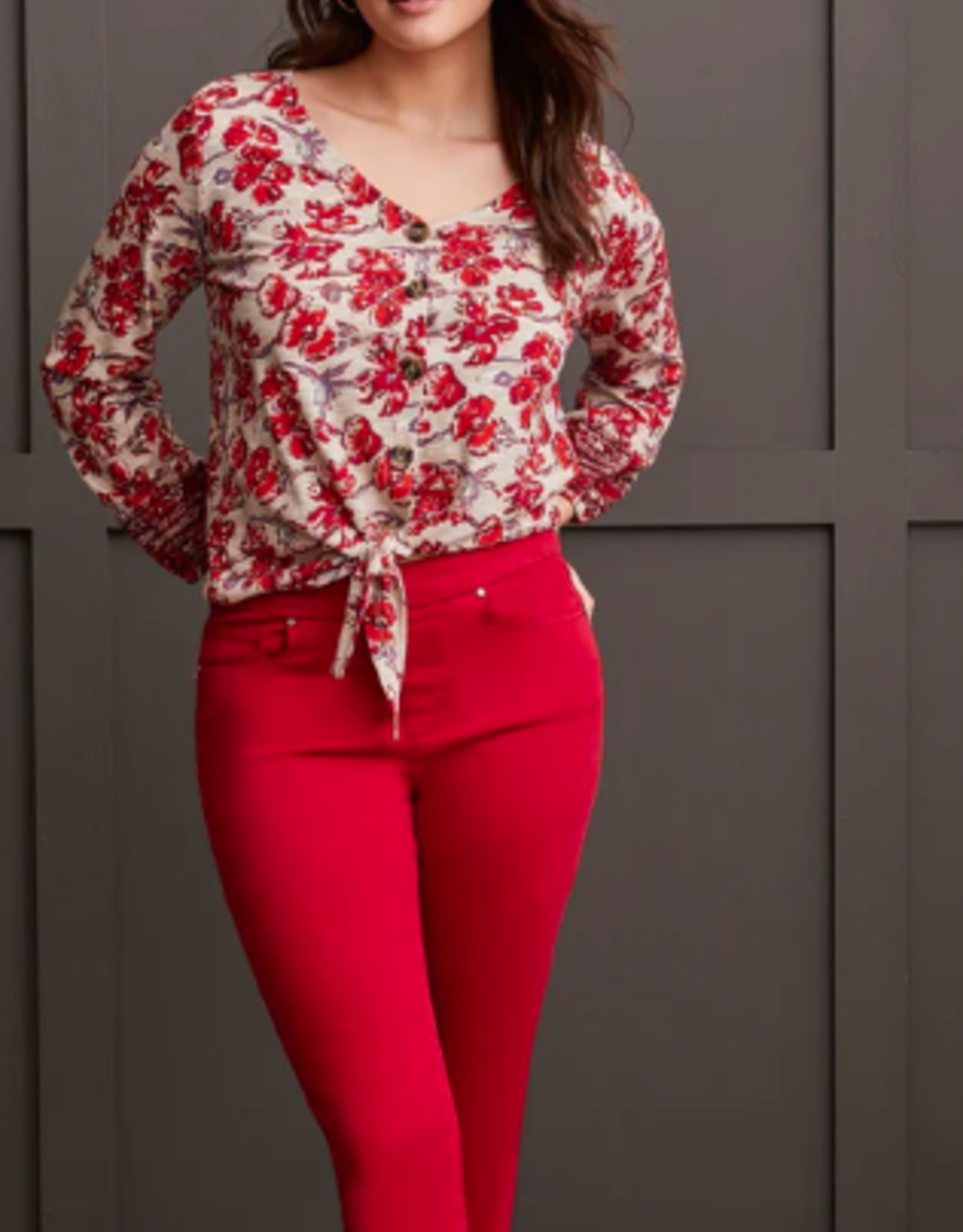 Tribal Tribal Scarlet Floral  V-Neck Button Up L/S  Top AL