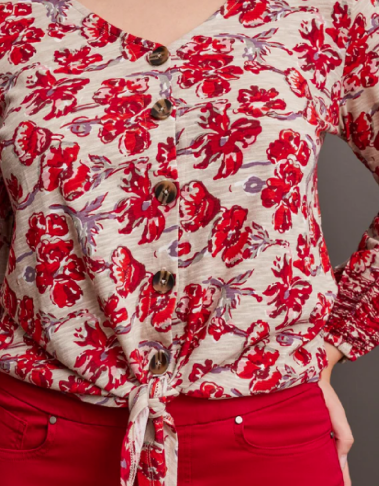 Tribal Tribal Scarlet Floral  V-Neck Button Up L/S  Top AL