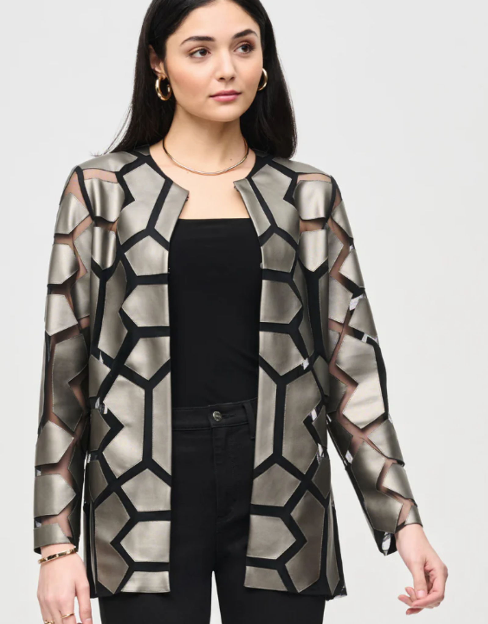 Joseph Ribkoff Joseph Ribkoff  Gunmetal/Black Laser-Cut Leatherette w/Mesh Jacket BLS