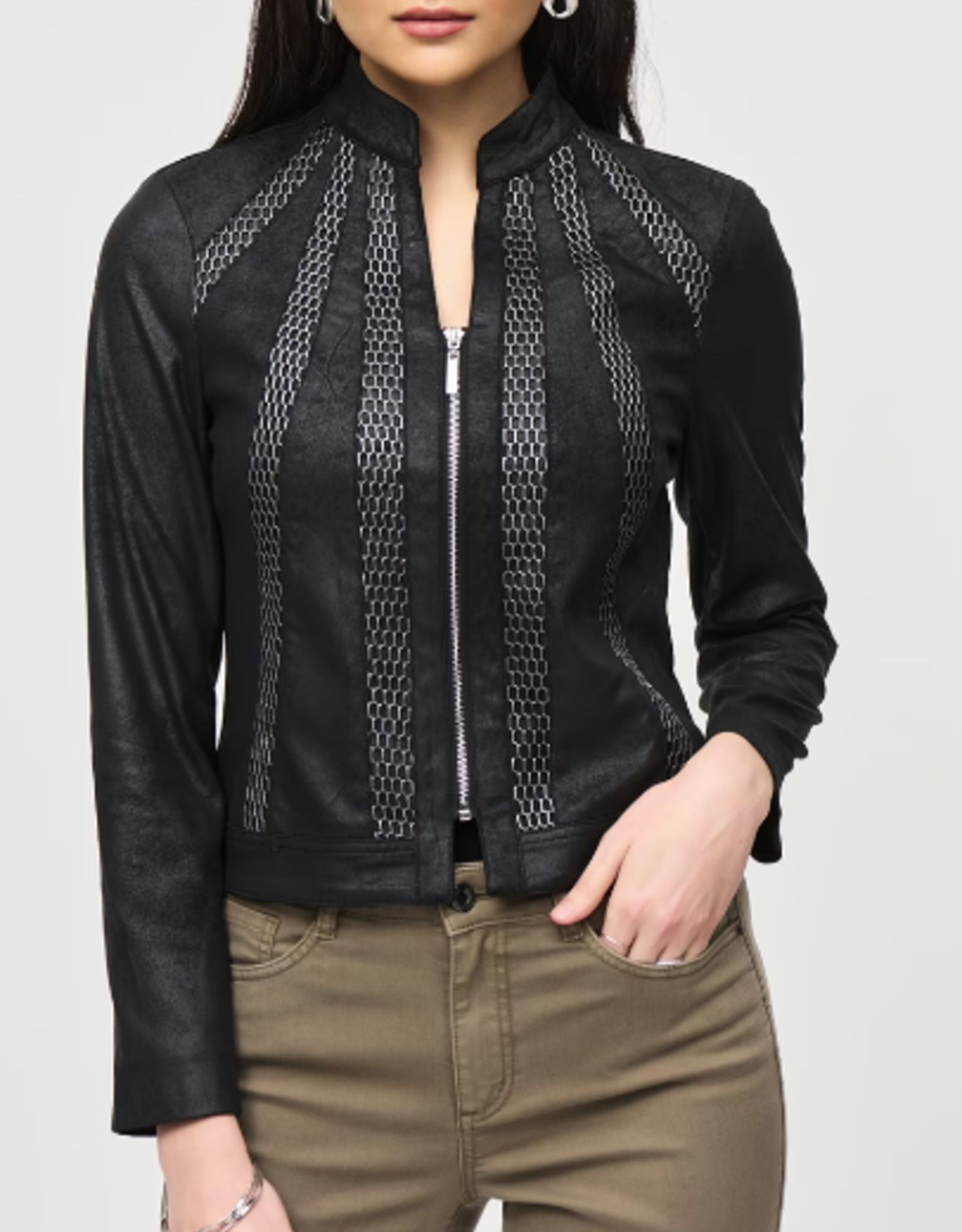Joseph Ribkoff Joseph Ribkoff  Black Faux Leather w/Silver-Cut Detail Jacket BLB