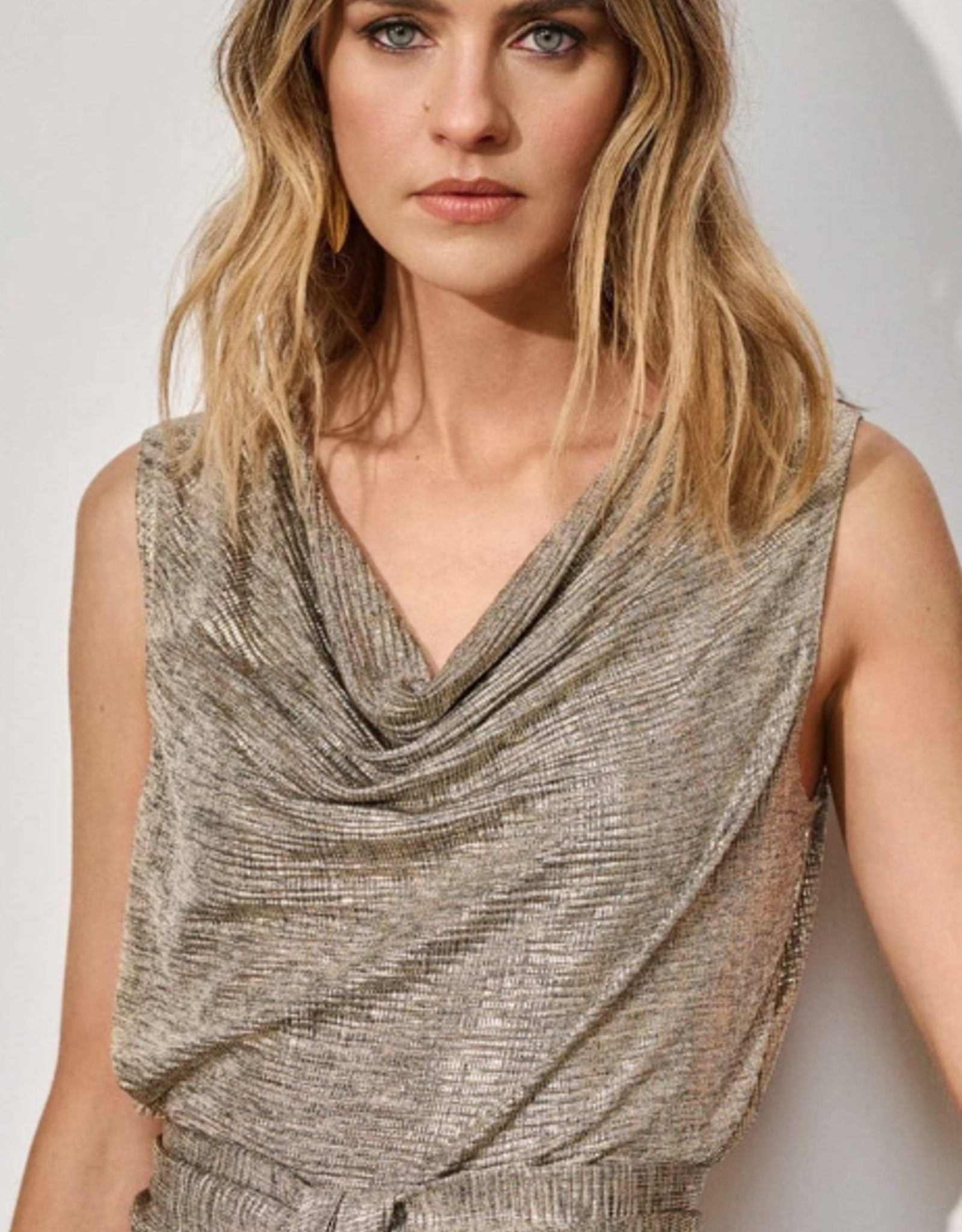 Joseph Ribkoff Joseph Ribkoff Beige/ Gold Funnel Neck Sleeveless Top KO