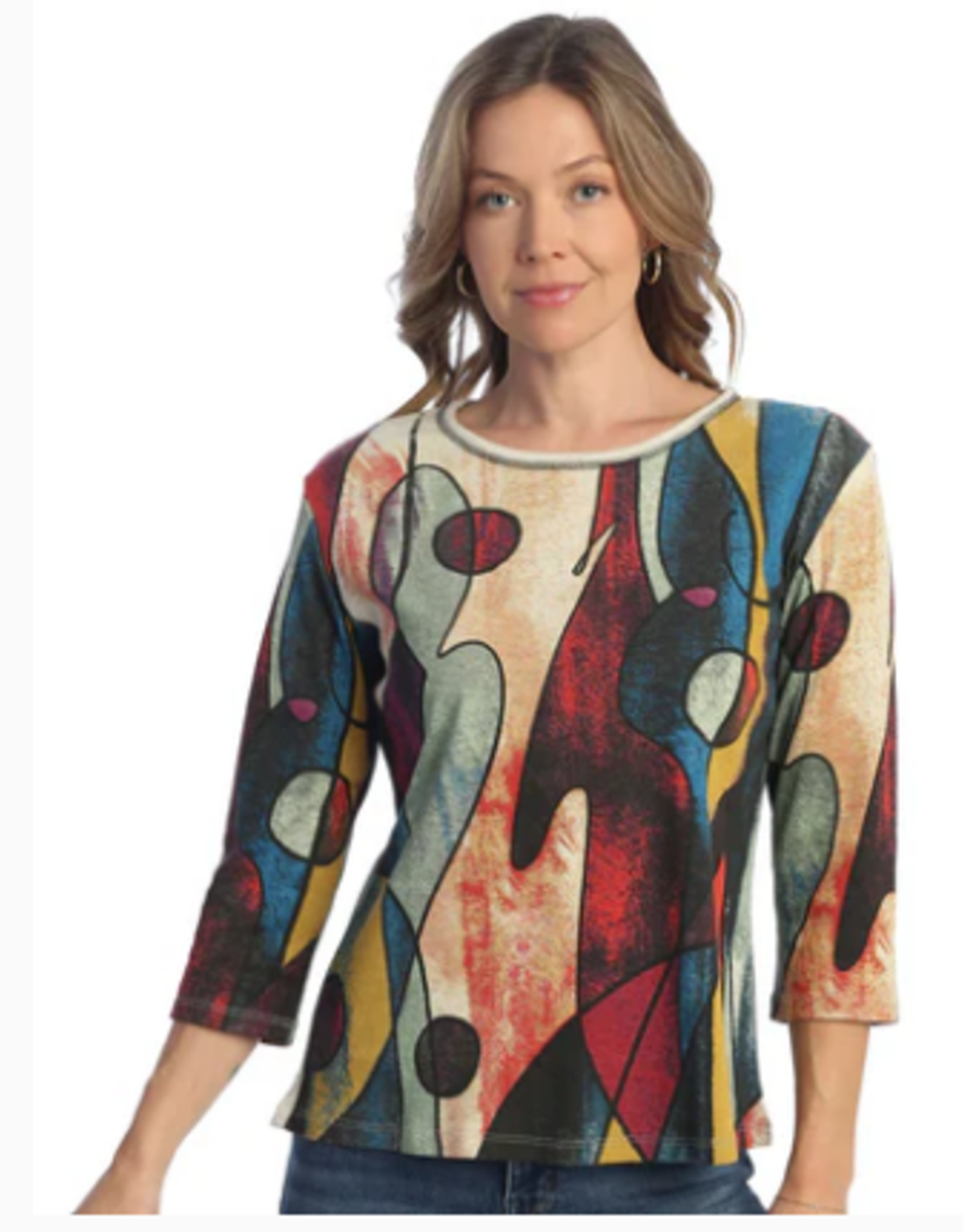 Jess & Jane Jess & Jane Multi Color Abstract Print 3/4 Sleeve Top LK