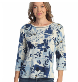 Jess & Jane Jess & Jane Blue Multi Floral  Print 3/4 Sleeve Top LK