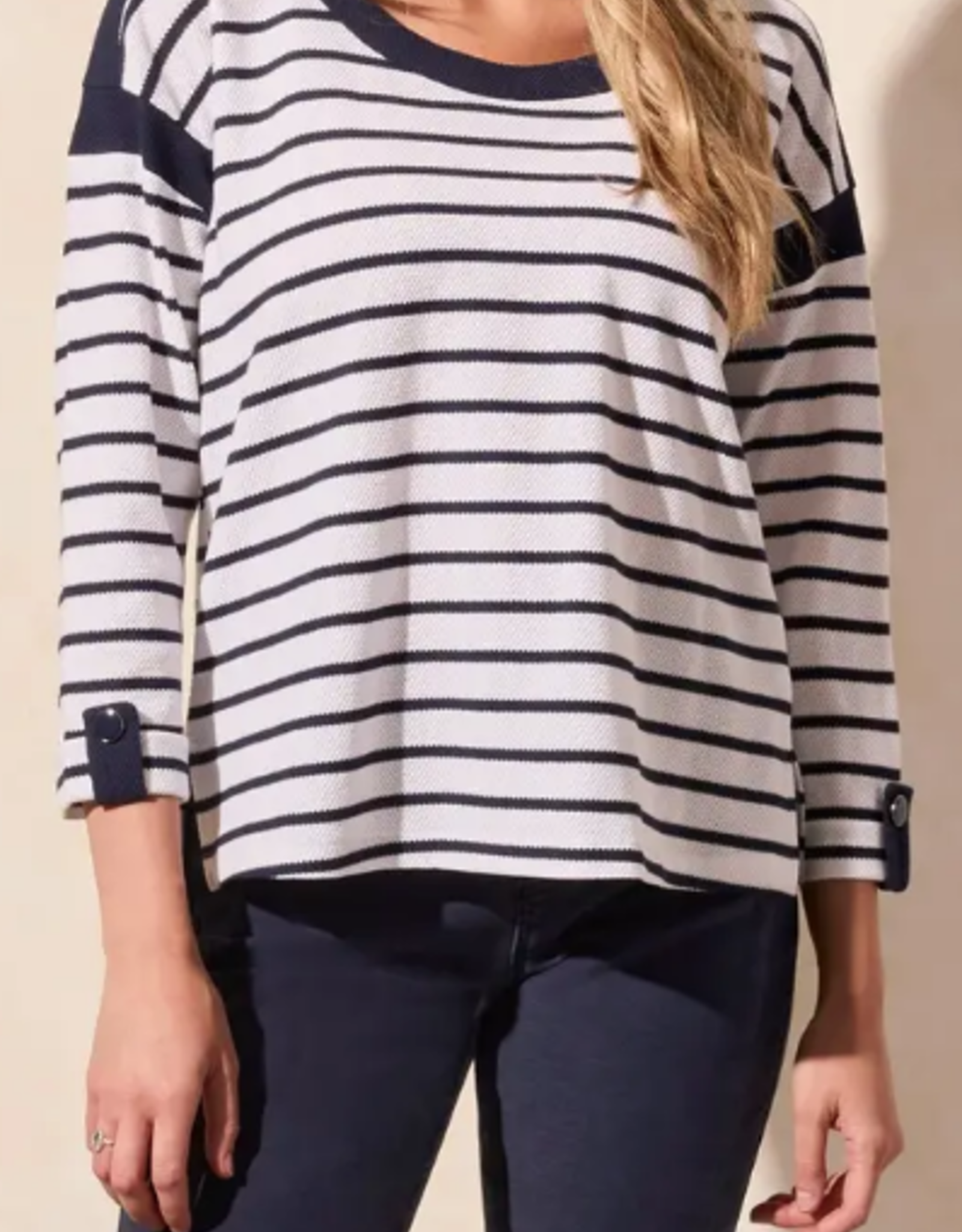 Tribal Tribal Navy/White  Boat Neck 3/4 Sleeve Top