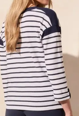 Tribal Tribal Navy/White  Boat Neck 3/4 Sleeve Top