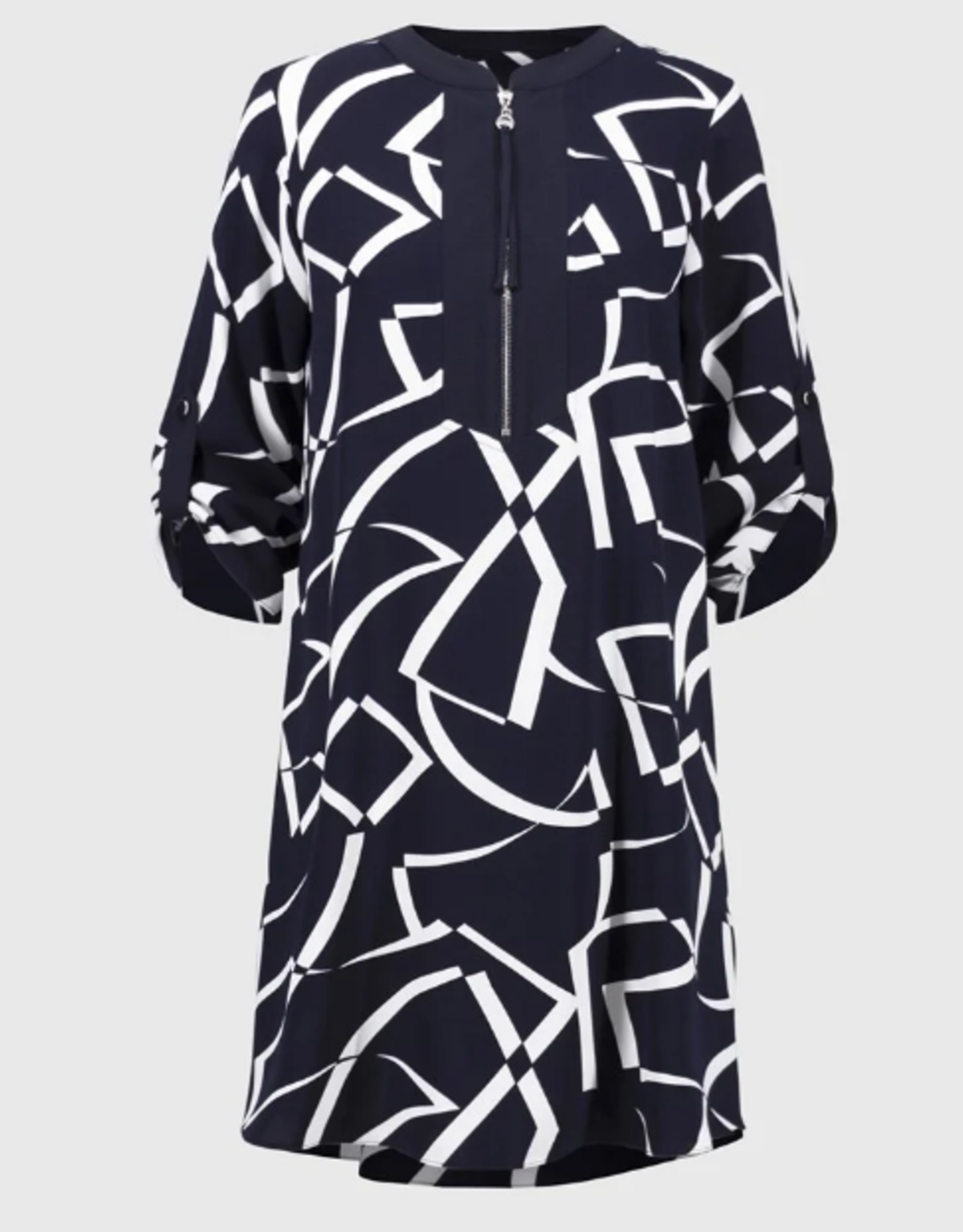 Joesph Ribkoff Joseph Ribkoff Midnight Blue/Vanilla Woven Geometric Print Straight Dress